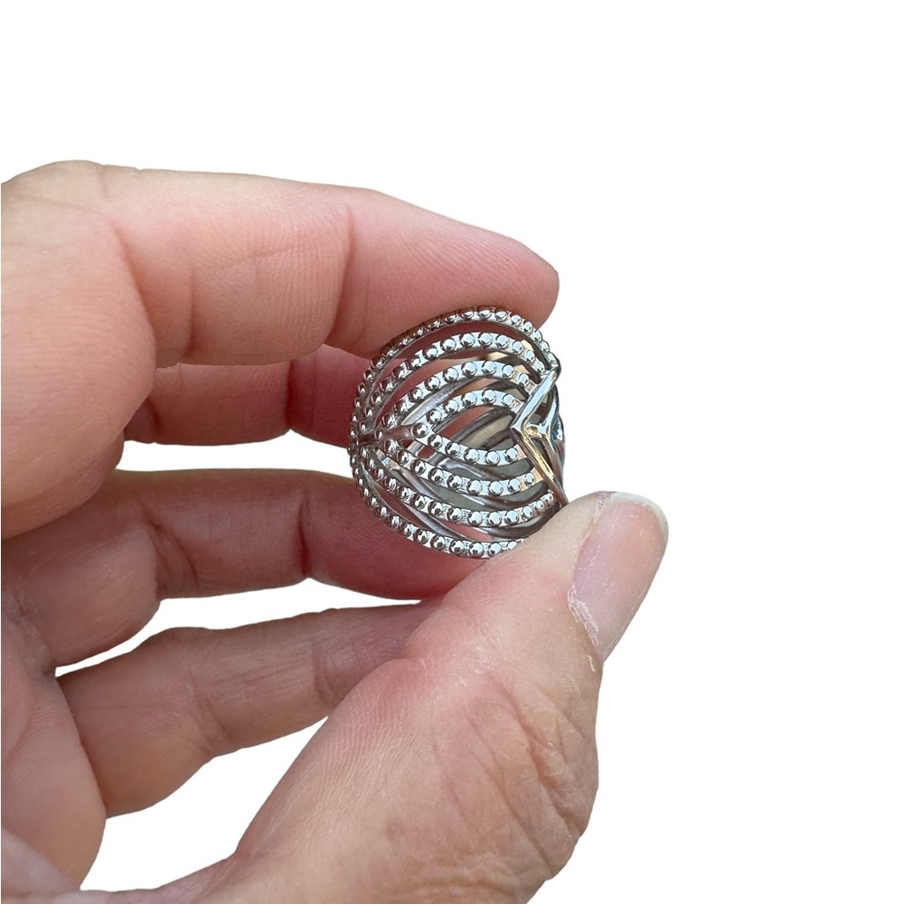 Silver Geometric Textured Design Adjustable Ring - Picture 2 of 8
